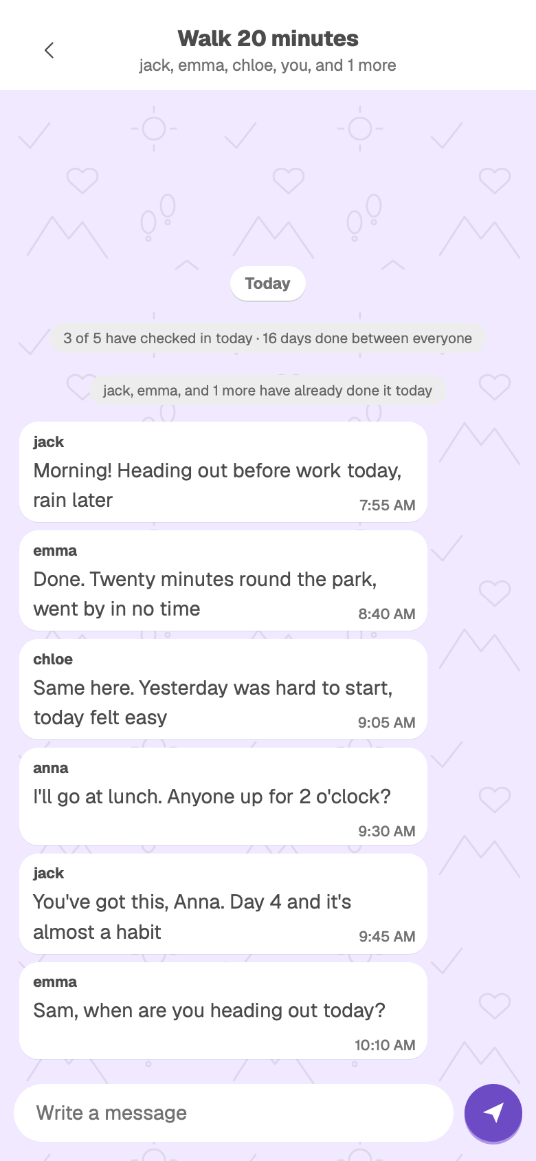 A challenge's chat, with the group telling each other how the day went