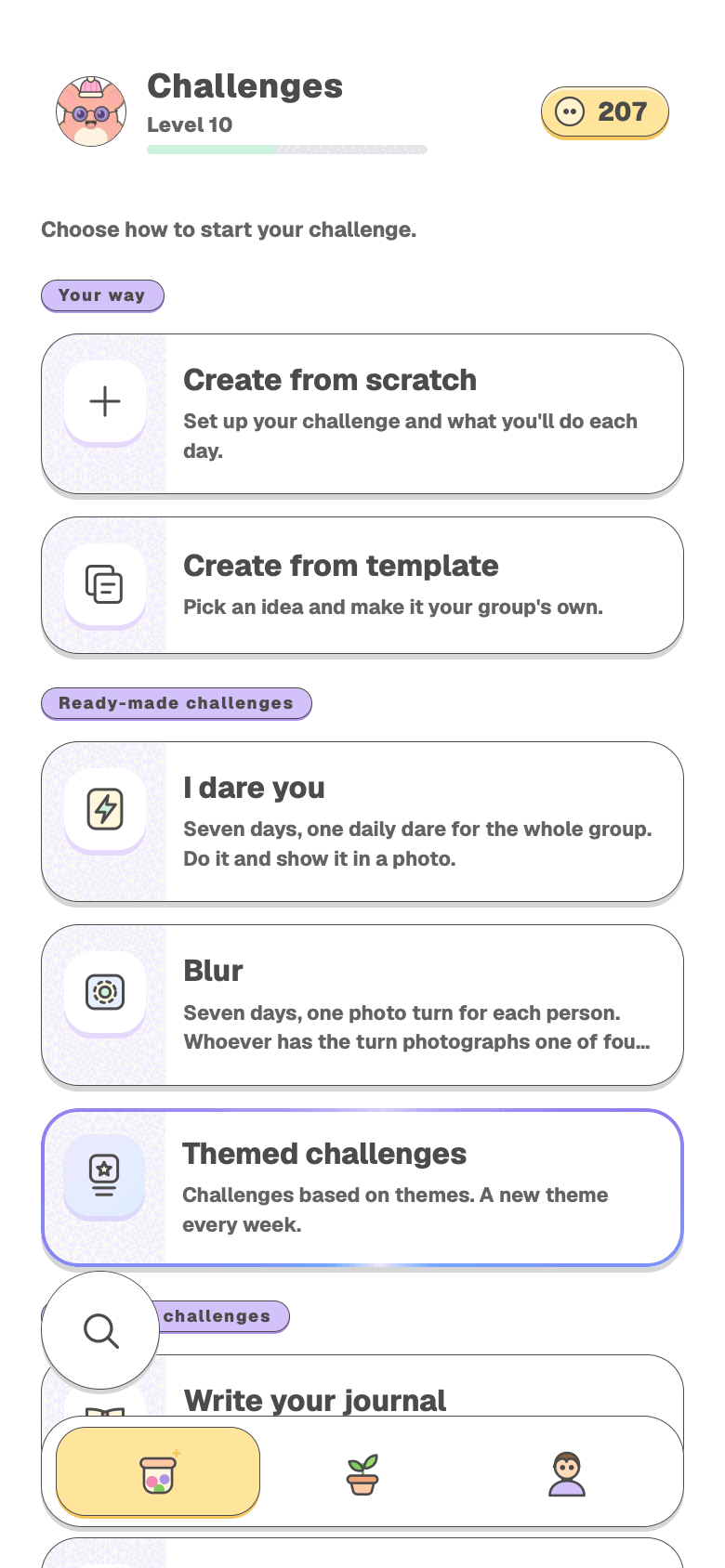 The app's home screen, with the doors for starting a challenge