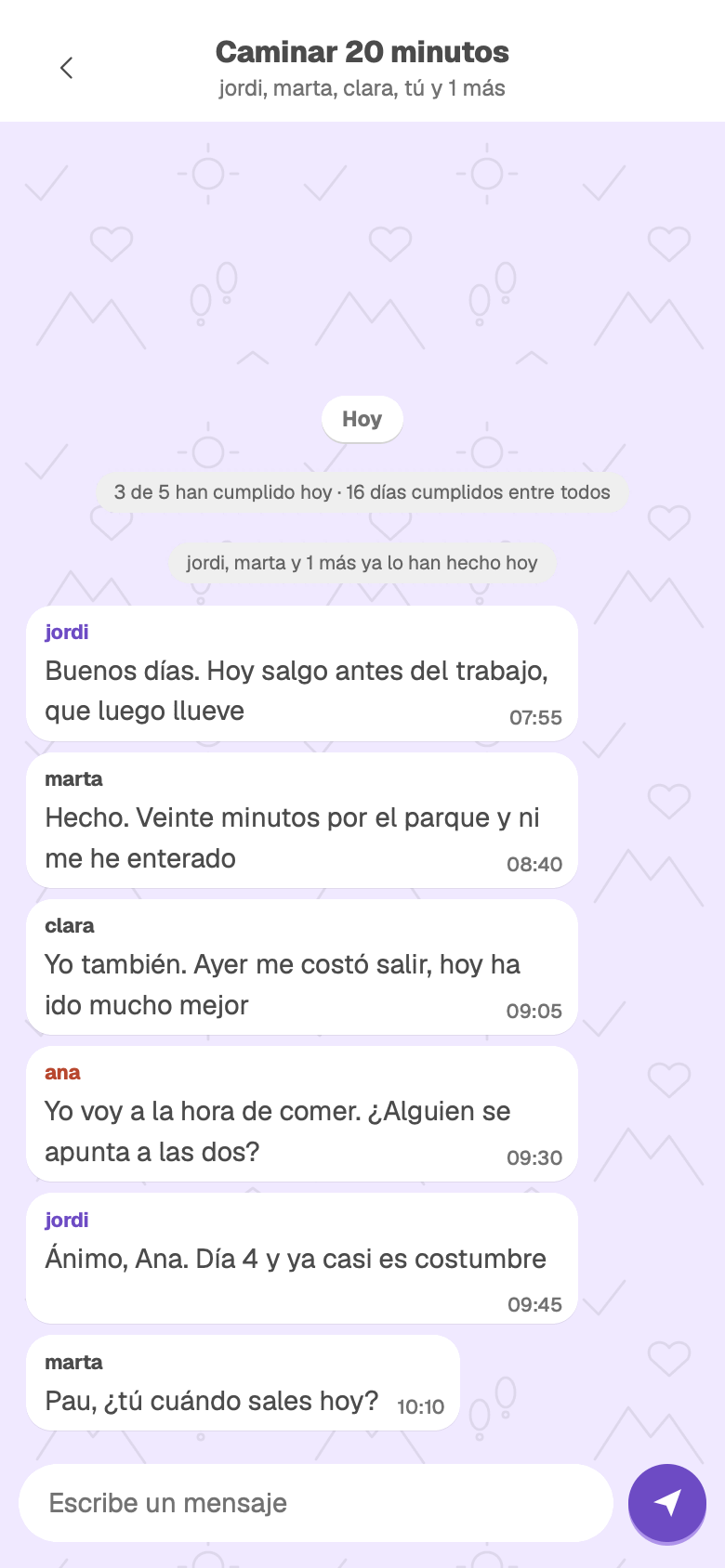 El chat de un reto, con el grupo contándose cómo le ha ido el día