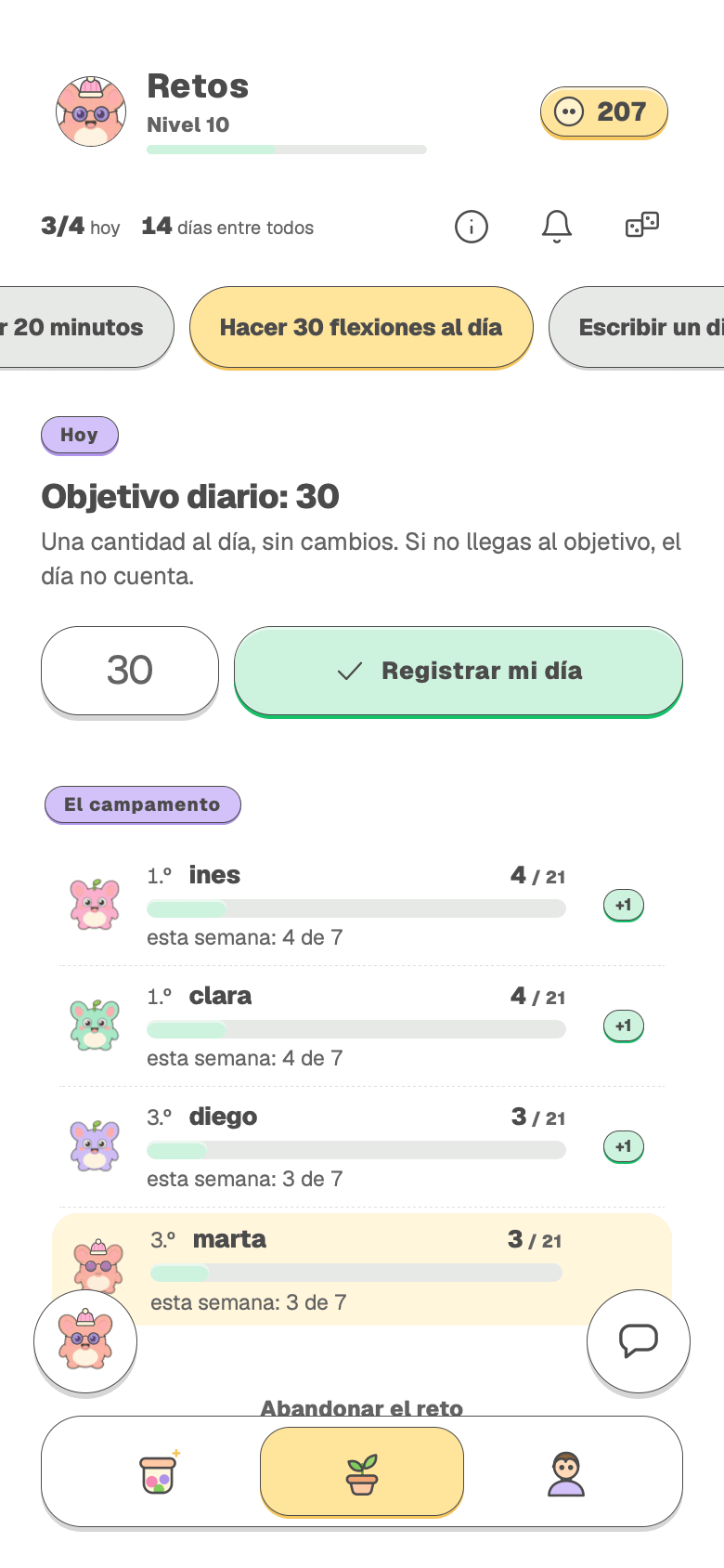 El check-in del día en un reto de número, sin hacer todavía