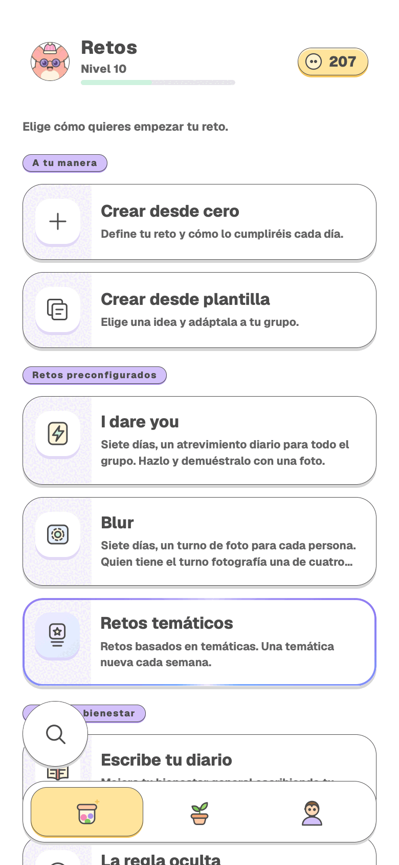 La pantalla de inicio de la app, con las puertas para empezar un reto